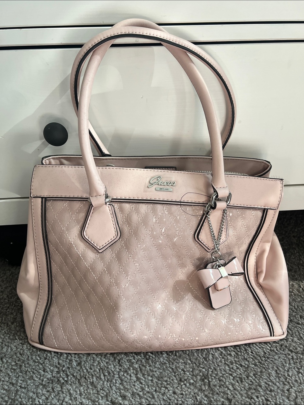 Guess Pale Pink Quilted Satchel with Charm